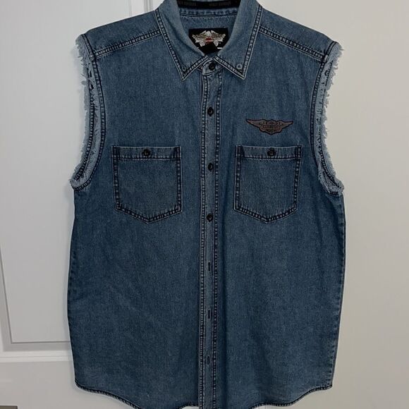 Denim Tank Button Down Sleeveless Harley-Davidson Casual Easy Rider Shirt Mens - Picture 1 of 7